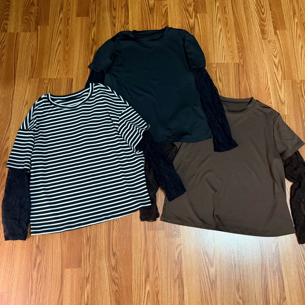 Women’s Layered Lace Sleeve Top - Black, Striped, and Brown Options bundle